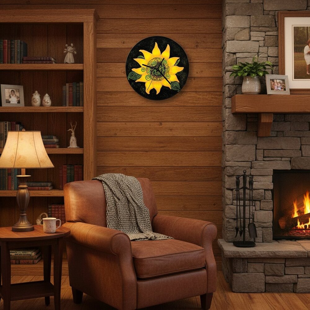 Hand Crafted Painted Sunflower Wall Clock - Black and Yellow Faith Home Decor - Picture 11 of 11